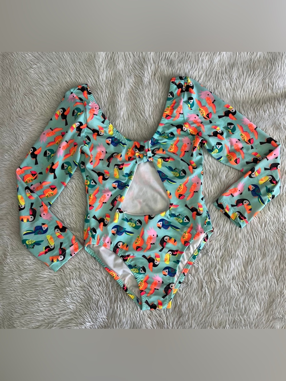 Long Sleeve One-Piece Swimsuit with Colorful Toucan Print - Mint NWT SMALL
